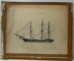 Vintage Pencil Drawing Sketch On Vellum - Three Mast Tall Ship - Fisk - 17 X 21