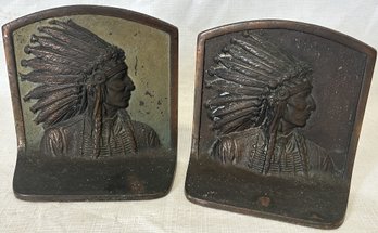 Antique Circa 1920 Bronze Bookends- A Bust Of An Indian Chief If Headdress