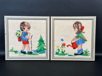 A Pair Of Vintage Handcrafted Needlework Scenes