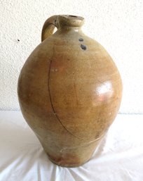 Large Ovoid Light Brown Stoneware Jug With Blue Paint