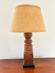 Large Turned Wood Table Lamp With Burlap Shade