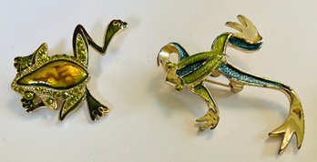 2 COLORFUL FROG BROOCHES BOTH SIGNED