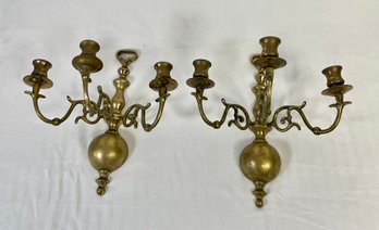 Pair Of Mid 20th Century Forged 3 Armed Solid Brass Wall Sconces