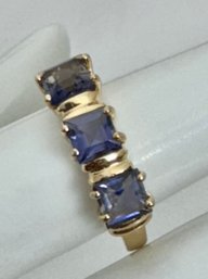 SIGNED CID (CLYDE DUNEIER) 14K GOLD 3 STONE AMETHYST RING