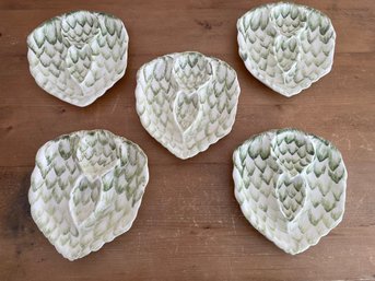 Lot Of 5 Vintage Hand Painted Green Divided Artichoke Dishes Made In Italy