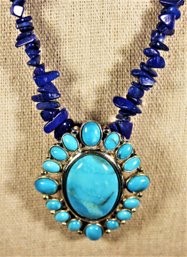 Lapis Sterling Silver Necklace Large Turquoise Sterling Pendant Enhancer