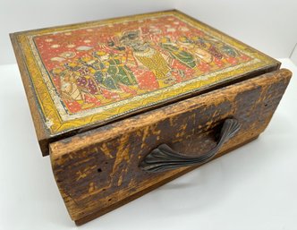 Antique Hand Painted Indian Wood Box With Pullout Drawer