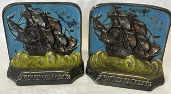 Antique TARRANT Bronze Clad Bookends- Cold Painted Spanish Galleon Warships