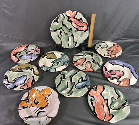 Handmade Terra Cotta Plate Set Hand Painted Koi Fish Design Signed 9 Plates 9in 1 Serving Plate 12in