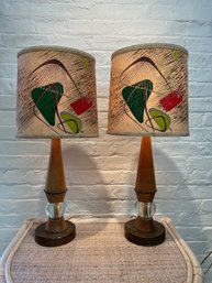 Pair Of Mid Mod Table Lamps In Light Oak And Acrylic Base, With Fabulous Original Atomic Barkcloth Shades!