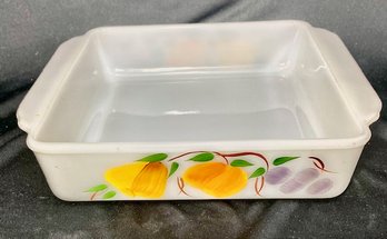 Vintage 8' Square Hand-painted Glass Fruit Baking Dish By Fire King
