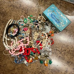 Vintage Costume Jewelry Lot And Vintage Biscuit Tin