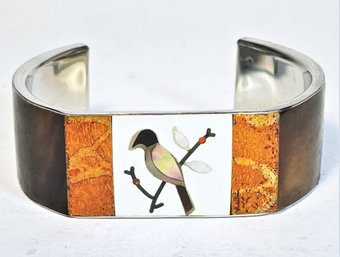 Southwestern Mother Of Pearl Inlay Bird Cuff Bracelet Silver Plated