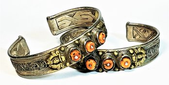 Pair Of Antique Tibetan Silver And Coral Cuff Bracelets 8' X 5/8' 79.1 G