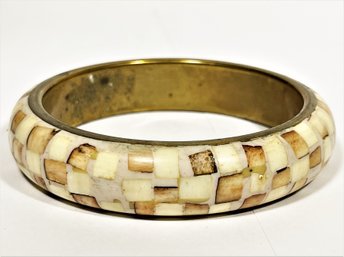 Vintage 1980s Bone Inlay Brass Bangle Bracelet