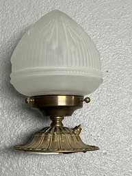 Vintage Brass Art Deco Look Flush Mount Light Fixture With Glass Globe And Pull Chain
