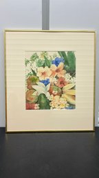 Watercolor On Paper Still Life Flowers And Fruit 18x20in Metal Frame Matted Glass