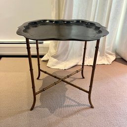 A Gilt Faux Bamboo Wrought Iron Tray Table - With Tole Platter