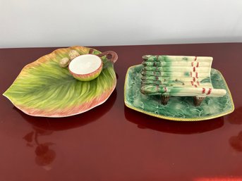 Unique Serving Pieces - Leaf Dish With Bowl By The Mane Lion And Majolica Asparagus Server