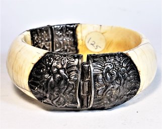 Superb Wide Antique Ethnographic Bone And Sterling Silver Cuff Bracelet