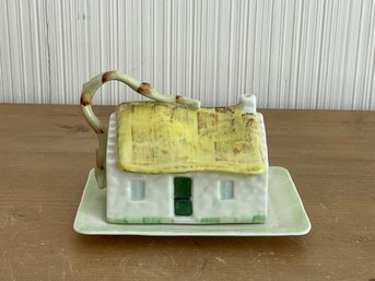 Vintage Irish Belleek Cottage Butter Dish Cheese Server Hand Painted