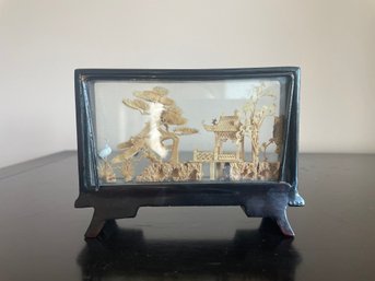 Miniature Carved Chinese Diorama Encased In Glass & Wood Display Case