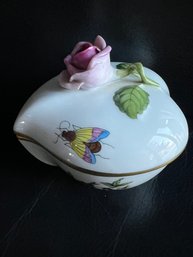 Herend Queen Victoria Porcelain Heart Box With Rose Finial