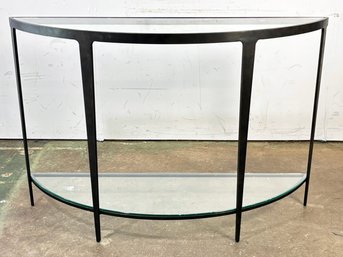 A Modern Demi Lune Cast Iron Console Table With Glass Top And Shelf By Crate & Barrel