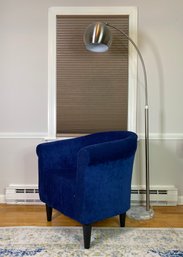 Royal Blue Velour Like Material Upholstered Rolled Arm Side Chair