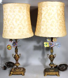 Pair 1920s Gilt Metal Porcelain Flower And Lace Covered Boudoir Lamps