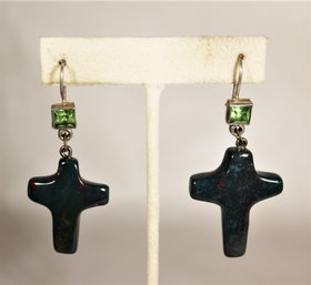 Sterling Silver Peridot And Bloodstone Cross Pierced Earrings