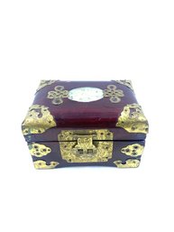 Vintage Chinese Wooden Lacquer Jewelry Box W/ Jade Inlay & Brass Finishings