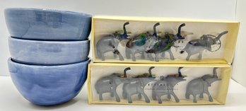 3 New Pottery Barn Bowls & 8 New In Box Pottery Barn Elephant Place Card Holders