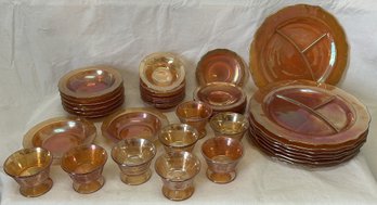 Large FEDERAL GLASS 'NORMANDIE' Carnival Glass Dinner Service In Marigold Color- Service For 8