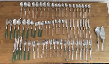 Large Lot Of Lucite Stainless Flatware Green And Clear