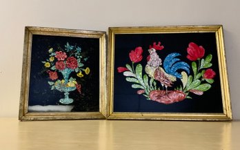 2 Vintage Foil Pictures ~ Rooster & Flowers ~ (D)