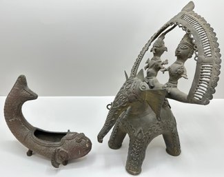 Vintage Indian Lakshmi & Vishnu On Elephant Sculpture & Brass Fish Candle Stand