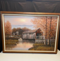 K. Michaelson Covered Bridge In Fall Mid Century Landscape Oil Painting *Signed