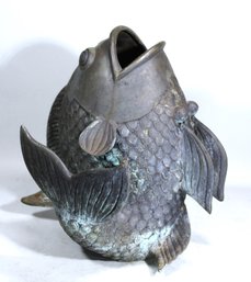 Solid Bronze Figural Fish Vase Signed Antique