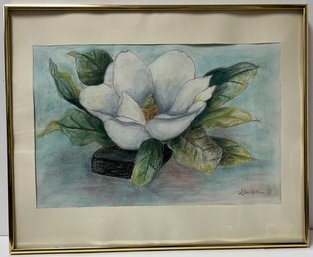 Vintage Framed Pastel Drawing Of A Magnolia - Big Single White Flower - Signed Louise - 17.25 X 21.25 Inches