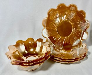 Vintage Peach Lusterware Dessert Bowls And Catch Plated: Water Lily Pattern