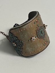 Vintage SATTELITE PARIS Leather Wide Cuff Embellished Bohemian Bracelet Copper Enamel Adjustable Clasp