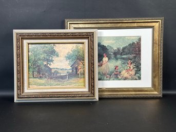 Vintage Textured Landscape Prints, Rustic Homestead & Flower Gatherers