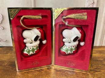 Lenox Set/2 Snoopy In Stocking Christmas Tree Ornaments