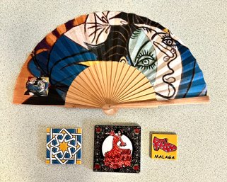 Mementos From Malaga Including Picasso Fabric And Wood Fan