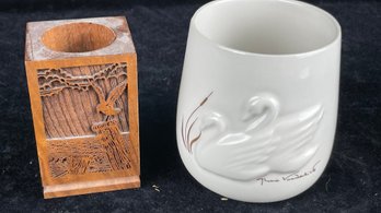 Wood Carved Pen Holder And Teleflora Gloria Vanderbilt Vase