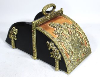 Antique Wood, Brass Armorial Crested Letter Box Desk Top Box