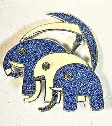 RARE Art Deco Blue And White Enamel Triple Elephant Brooch French`