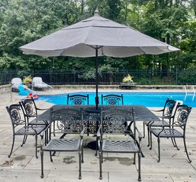 Hanamit Tuscan Cast Aluminum Patio Dining Table, 8 Arm Chairs With Cushions & Umbrella