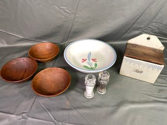 3 Hand Turned Wood Bowls By Gordon Keeler, Vintage Ceramic Salt Box, Ceramic Pasta Bowl 10.5in, S & P Shakers